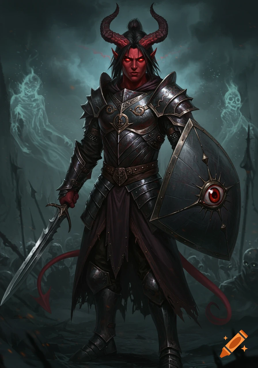 Red-skinned Tiefling Warlock in dark fantasy armor with sword and eye-symbol shield, standing against a mystical, ghostly background.