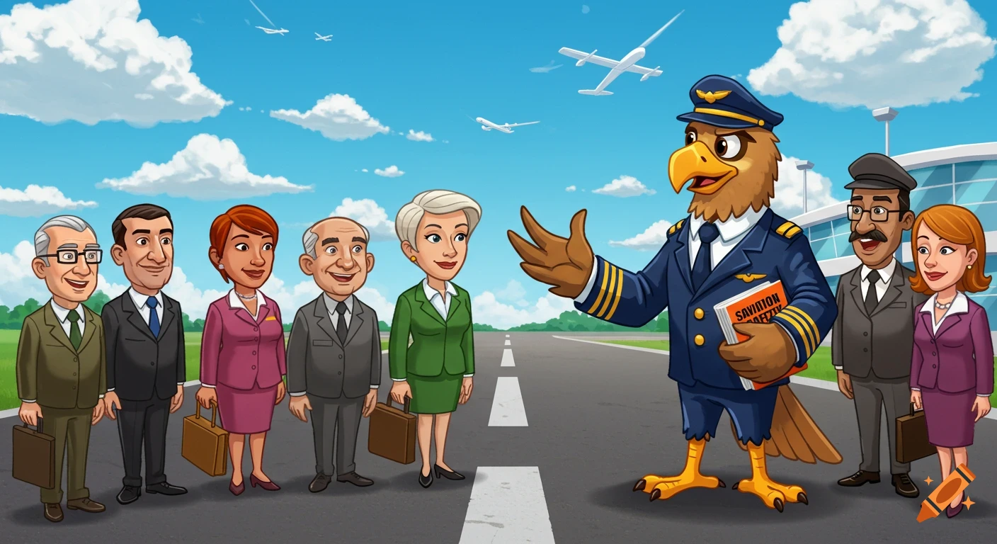 A cartoon eagle pilot in uniform holds a book and speaks to a diverse group of business people on an airport runway with airplanes flying overhead.