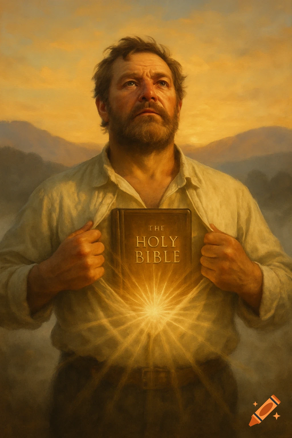 A bearded man opens his shirt to reveal a glowing Bible, looking up at a warm, hazy sky and distant mountains in a realistic painting.