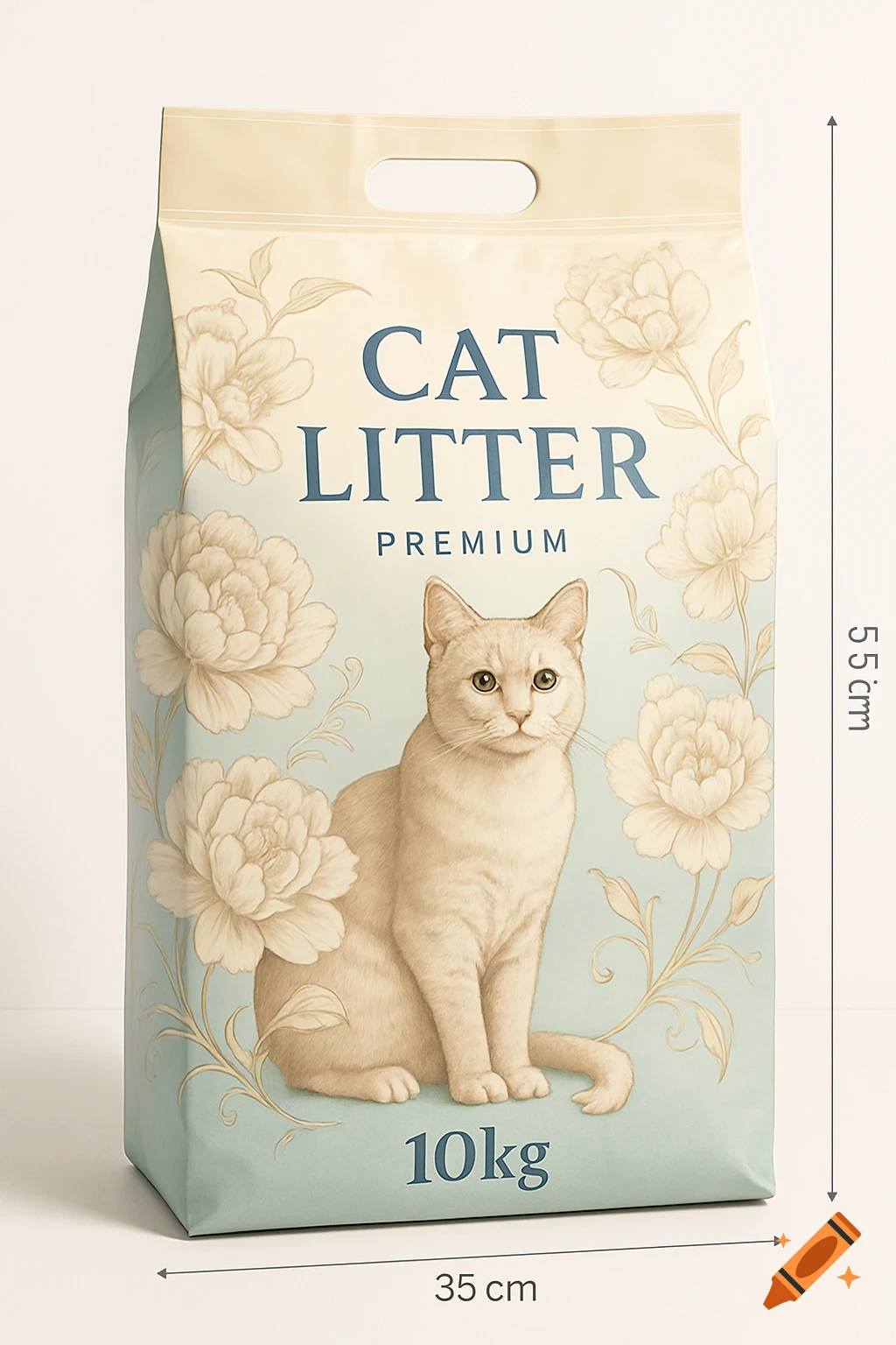 A decorative bag of cat litter with a light brown cat illustration, surrounded by cream-colored flowers on a light blue background, labeled "CAT LITTER PREMIUM".