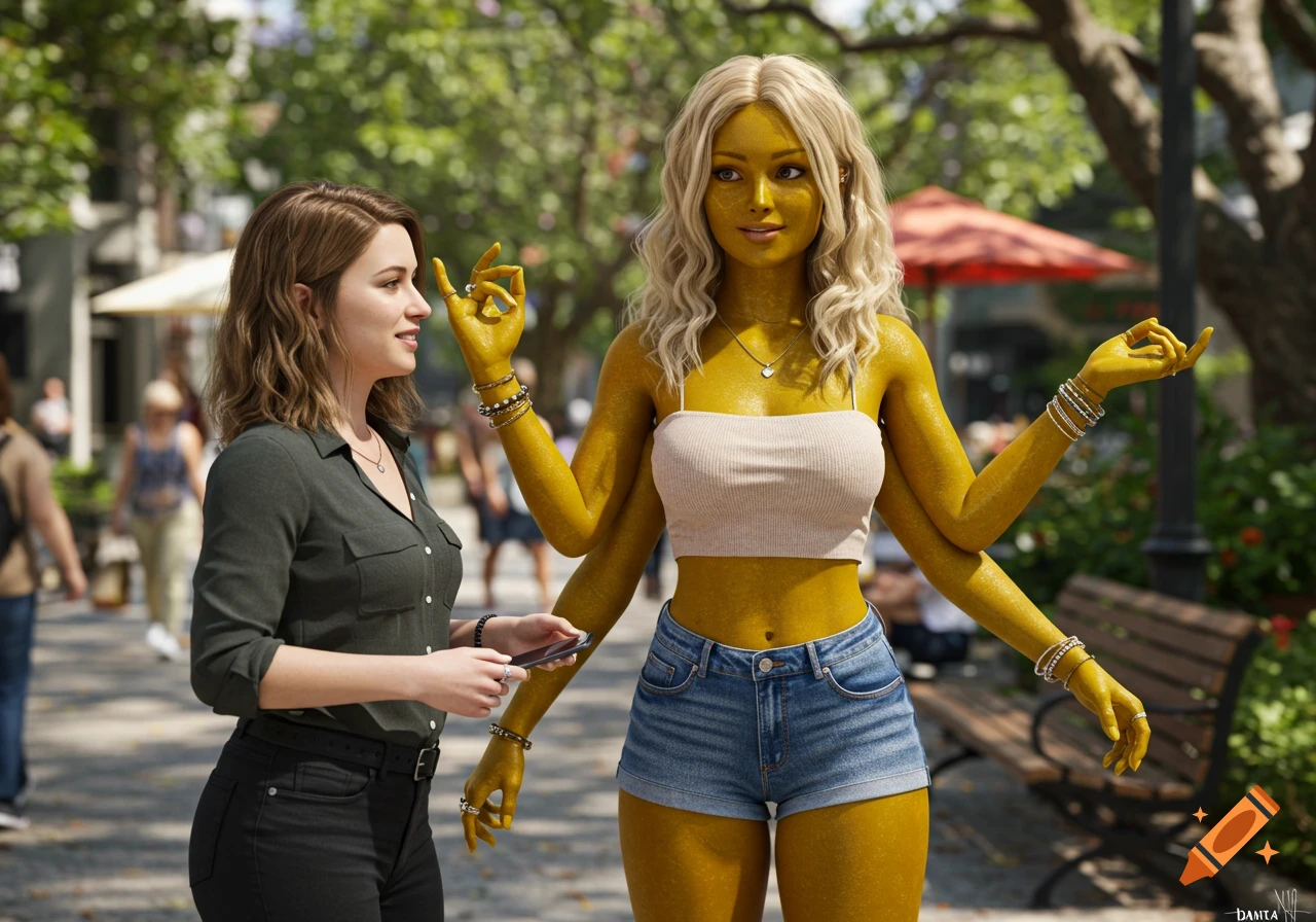 A photorealistic image of a six-armed, golden-yellow woman with blonde hair chatting with a human woman on a sunny urban street.