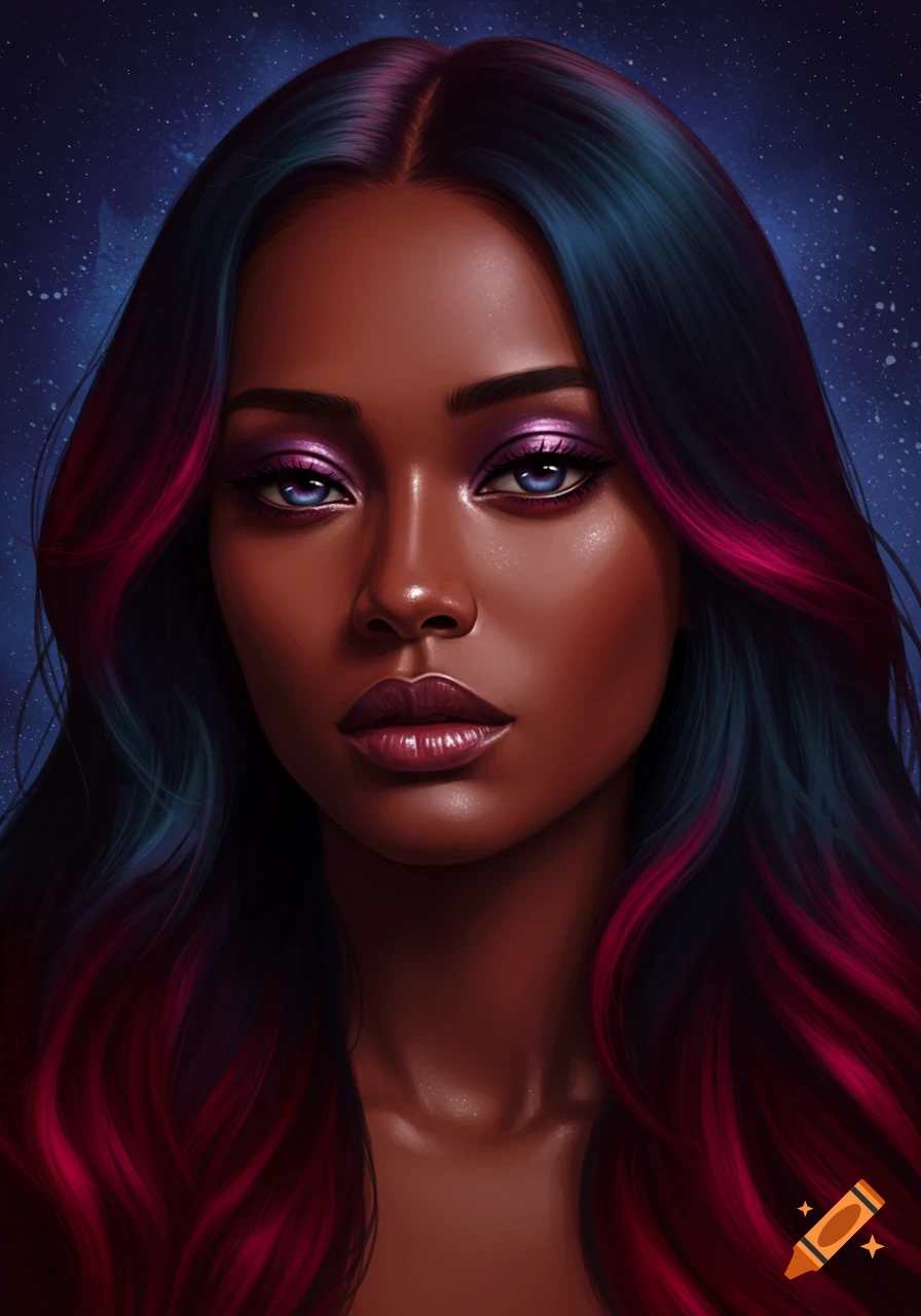 Digital portrait of a dark-skinned woman with vivid navy and burgundy hair, blue eyes, purple eyeshadow, against a starry background.