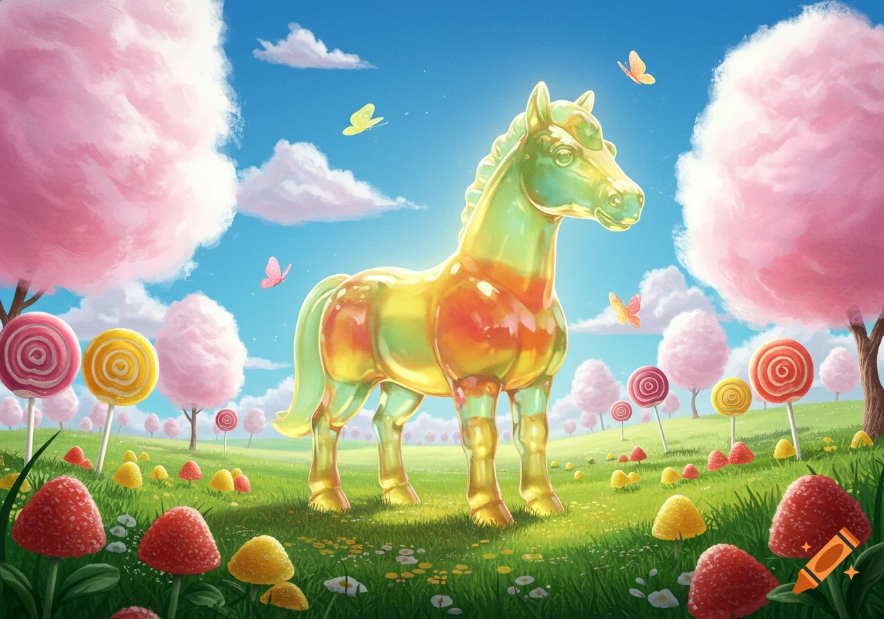 A vibrant yellow-green gummy horse stands in a whimsical candy land with lollipop trees, cotton candy clouds, and colorful candy mushrooms under a blue sky.