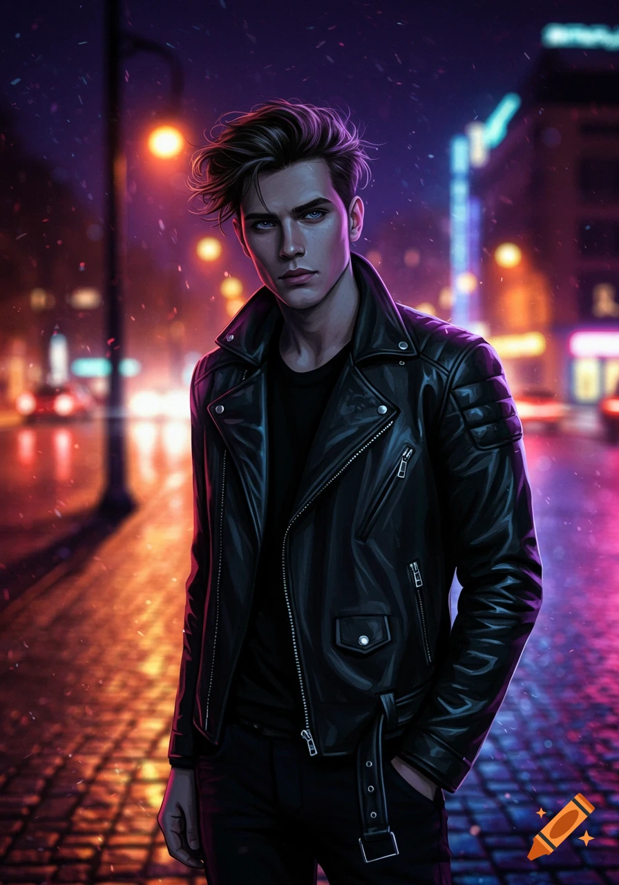 Stylized digital art of a young man in a black leather jacket standing on a neon-lit, rainy city street at night.