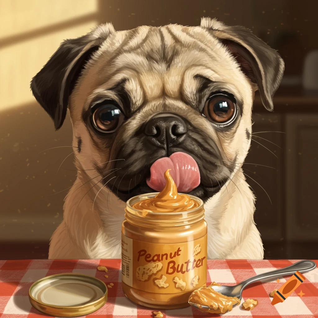 Close-up of a cute pug licking its nose while looking at an open jar of peanut butter and a spoon on a red checkered tablecloth.
