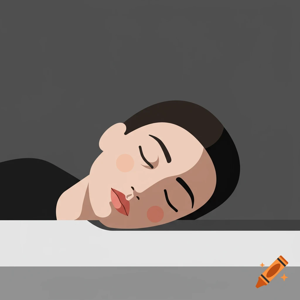 Minimalist illustration of a person's sleeping face resting on a white surface against a dark gray background.