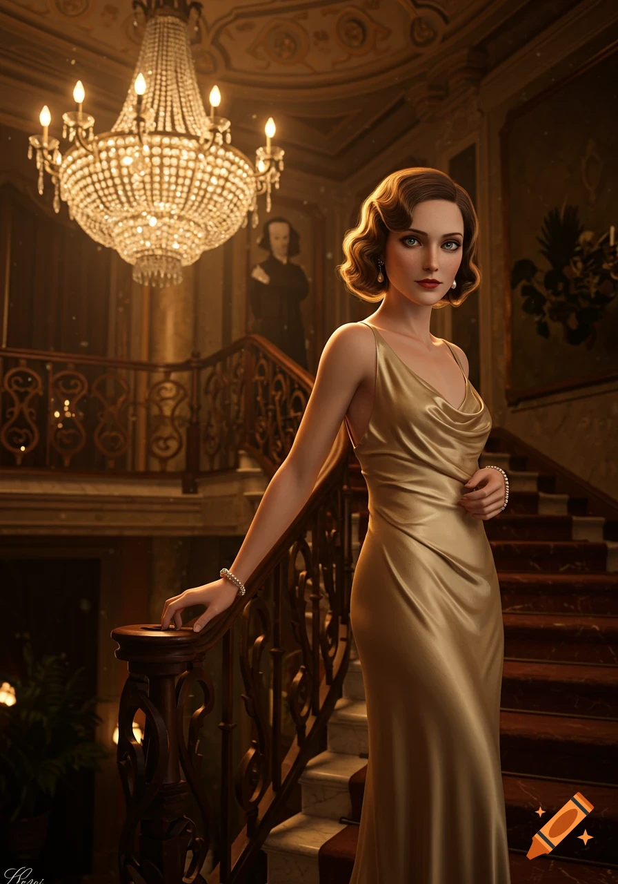 A woman in a golden gown with 1930s-style hair stands on a grand staircase under a sparkling chandelier in a luxurious hall.