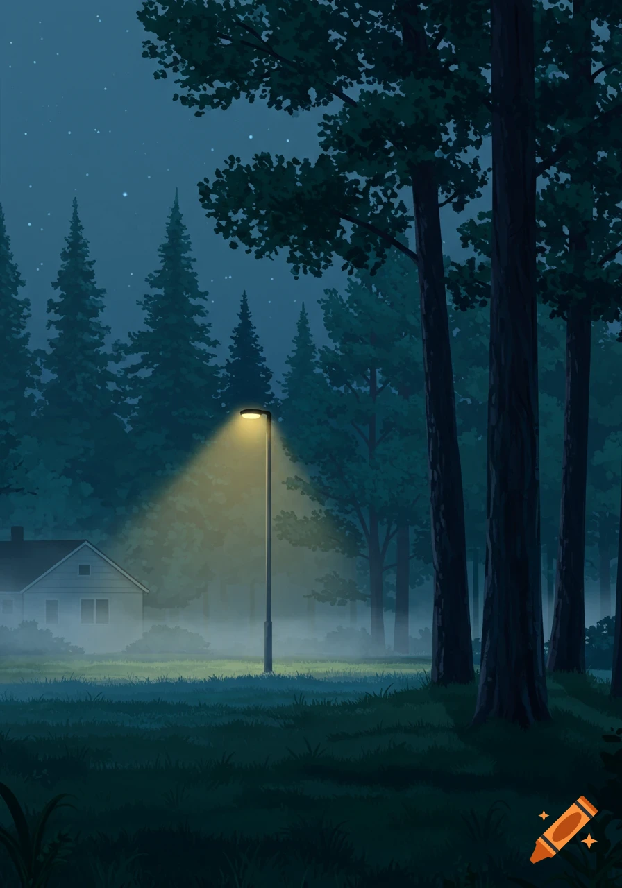 Illustrative night scene with a glowing street lamp, misty woods, and a distant house under a starry sky.