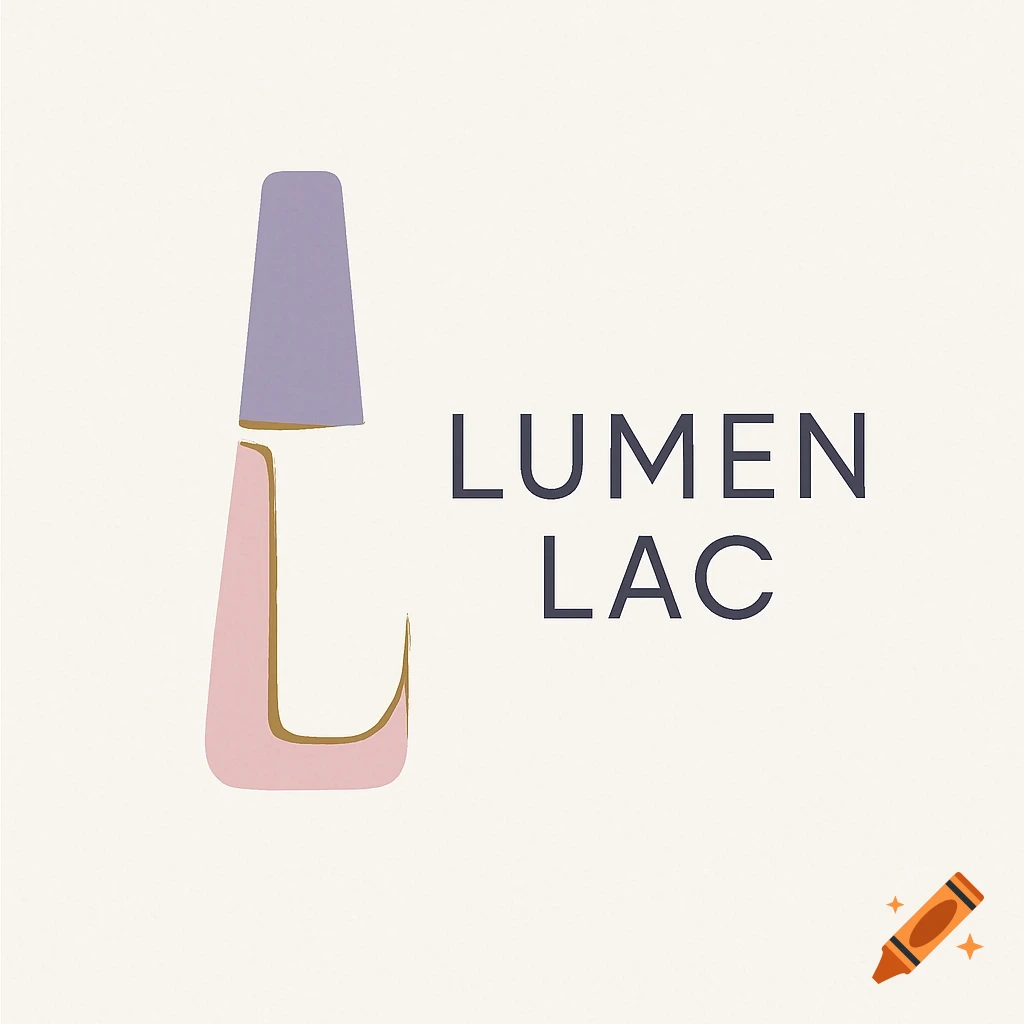 Simplistic flat logo for Lumen Lac nail polish, featuring a stylized bottle in pink, purple, and gold.