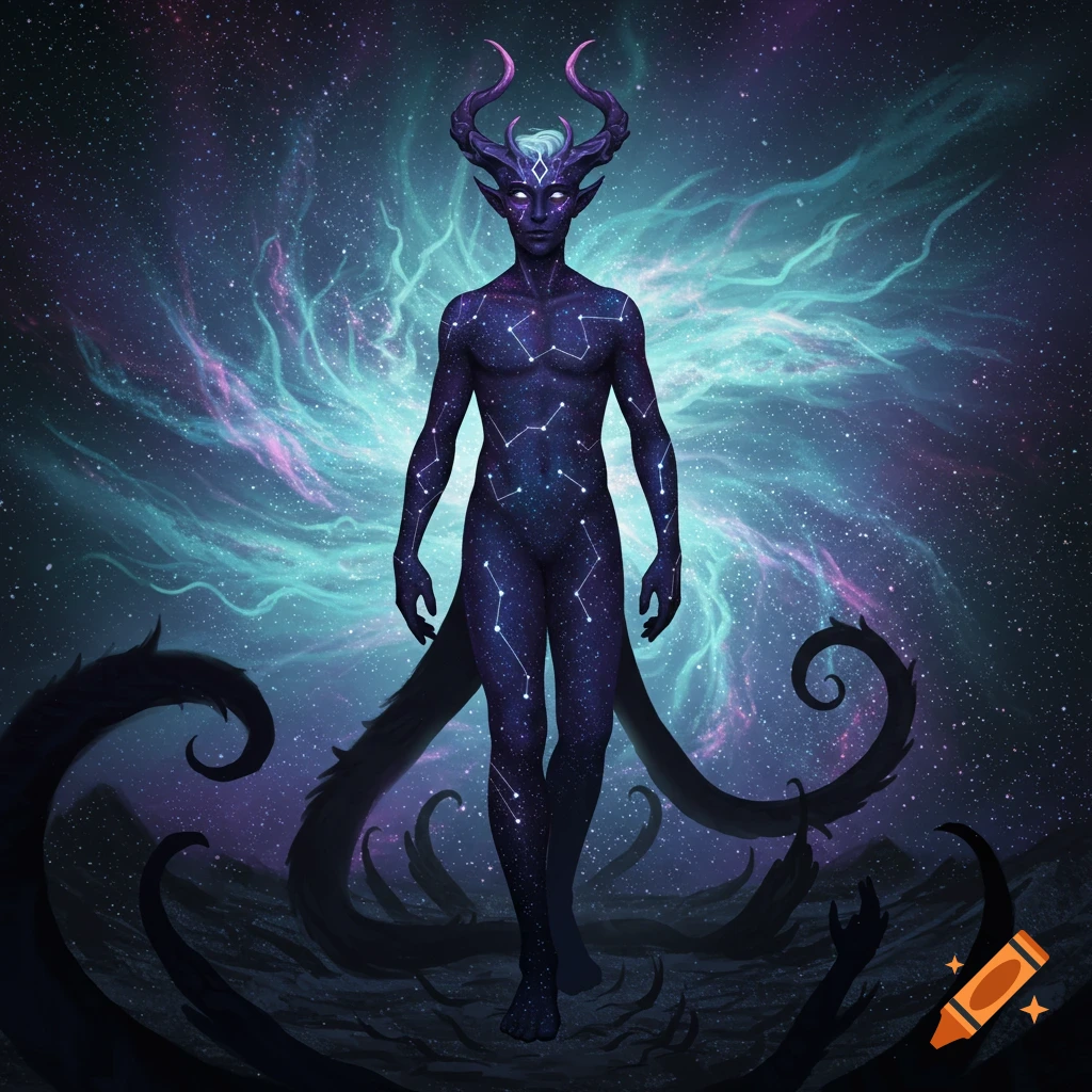 A humanoid with stardust skin, horns, and glowing eyes stands against a cosmic nebula with shadowy tendrils.