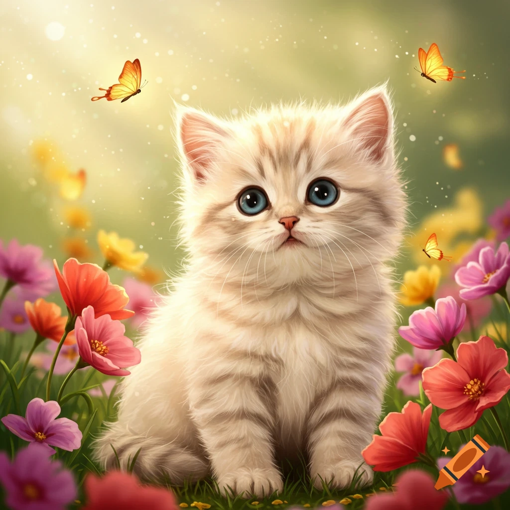 A fluffy white kitten with blue eyes sits in a field of colorful flowers with butterflies, in a whimsical style.