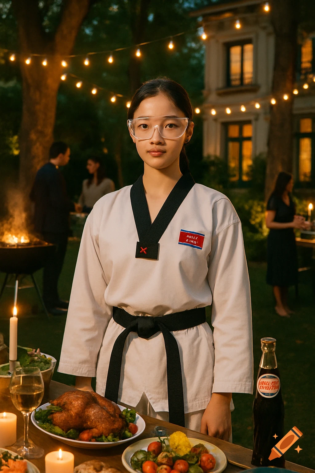A young Asian woman in a white taekwondo uniform and clear goggles stands at an outdoor dinner table with food, at a BBQ party at night.