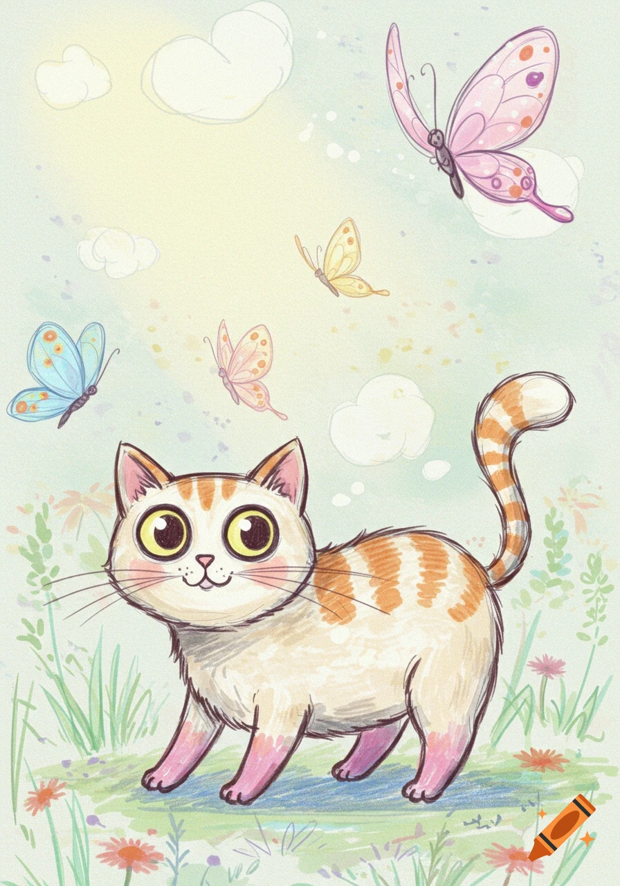 A cute, big-eyed cartoon cat with orange stripes in a grassy field, looking up at colorful butterflies flying in a light blue sky.