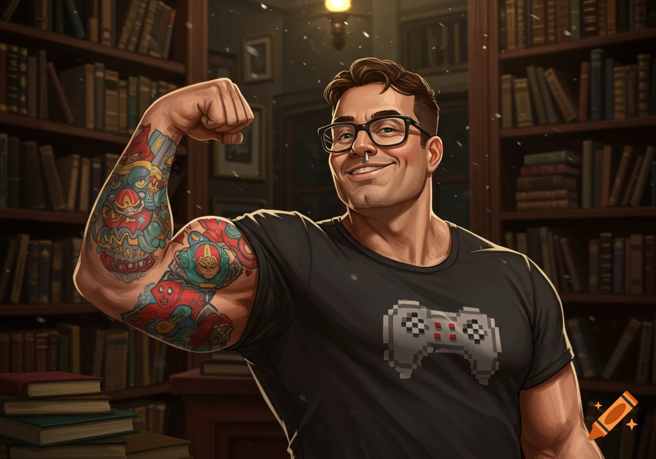 Muscular man with glasses and a pixelated game controller shirt flexes his tattooed bicep in a library, in an illustrated style.