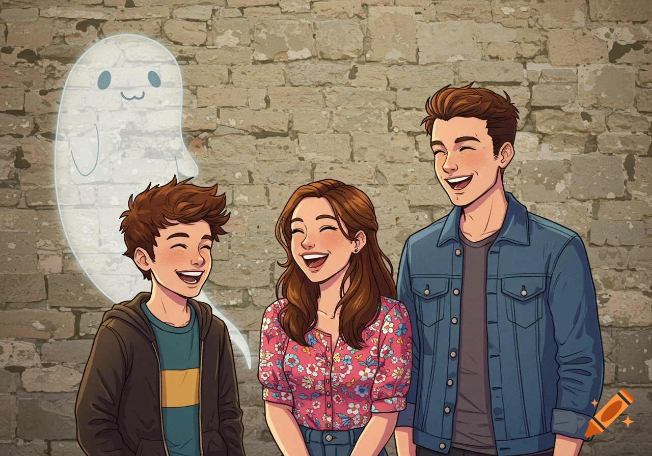 Three happy cartoon characters, a teenager, a woman, and a man, laughing with a friendly ghost behind them on a brick wall.