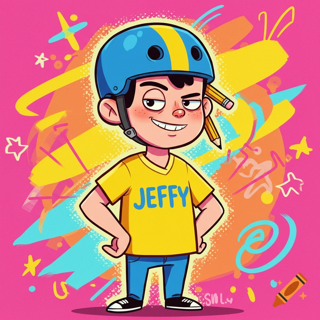 Cartoon boy Jeffy in a blue helmet and yellow shirt, smiling against a vibrant pink and yellow abstract background.