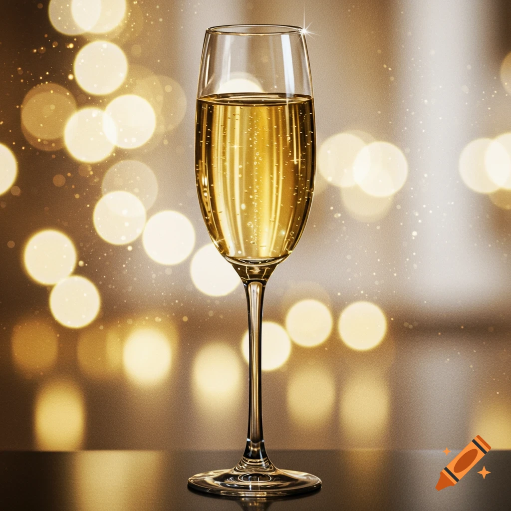 A photorealistic champagne glass filled with bubbly golden liquid, set against a blurred background of warm, festive lights.