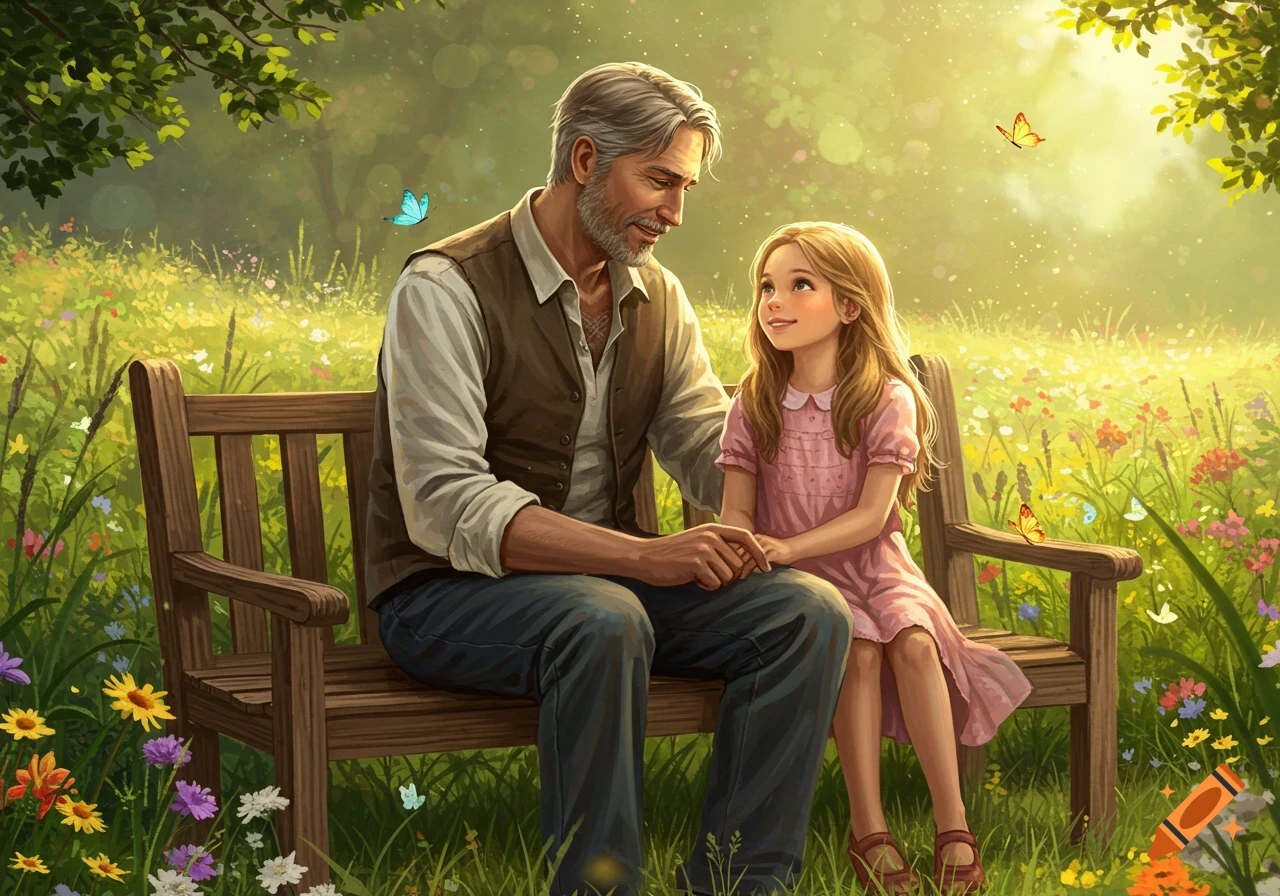 A man and a young girl sit on a wooden bench in a sunny meadow with colorful flowers and butterflies, holding hands. Illustrative style.