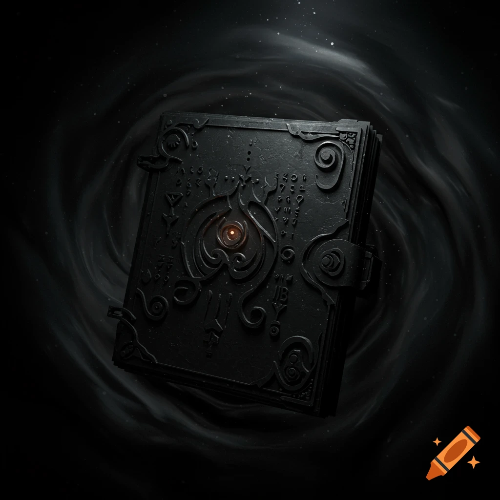 An ornate, dark codex with glowing red eye-like symbol and intricate glyphs on its cover, set against a swirling dark background with faint stars.