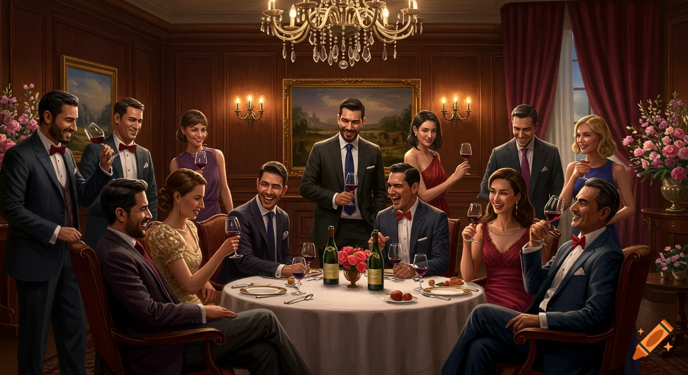 A group of elegantly dressed people at a luxurious dinner party, laughing and toasting with wine glasses in a richly decorated room.