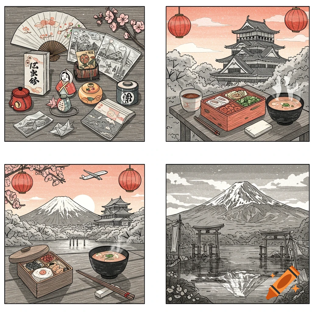 Four Notan-sketched panels depicting Japanese travel themes: souvenirs, a castle with food, Mount Fuji and a castle with an airplane, and Mount Fuji with torii gates in a lake.
