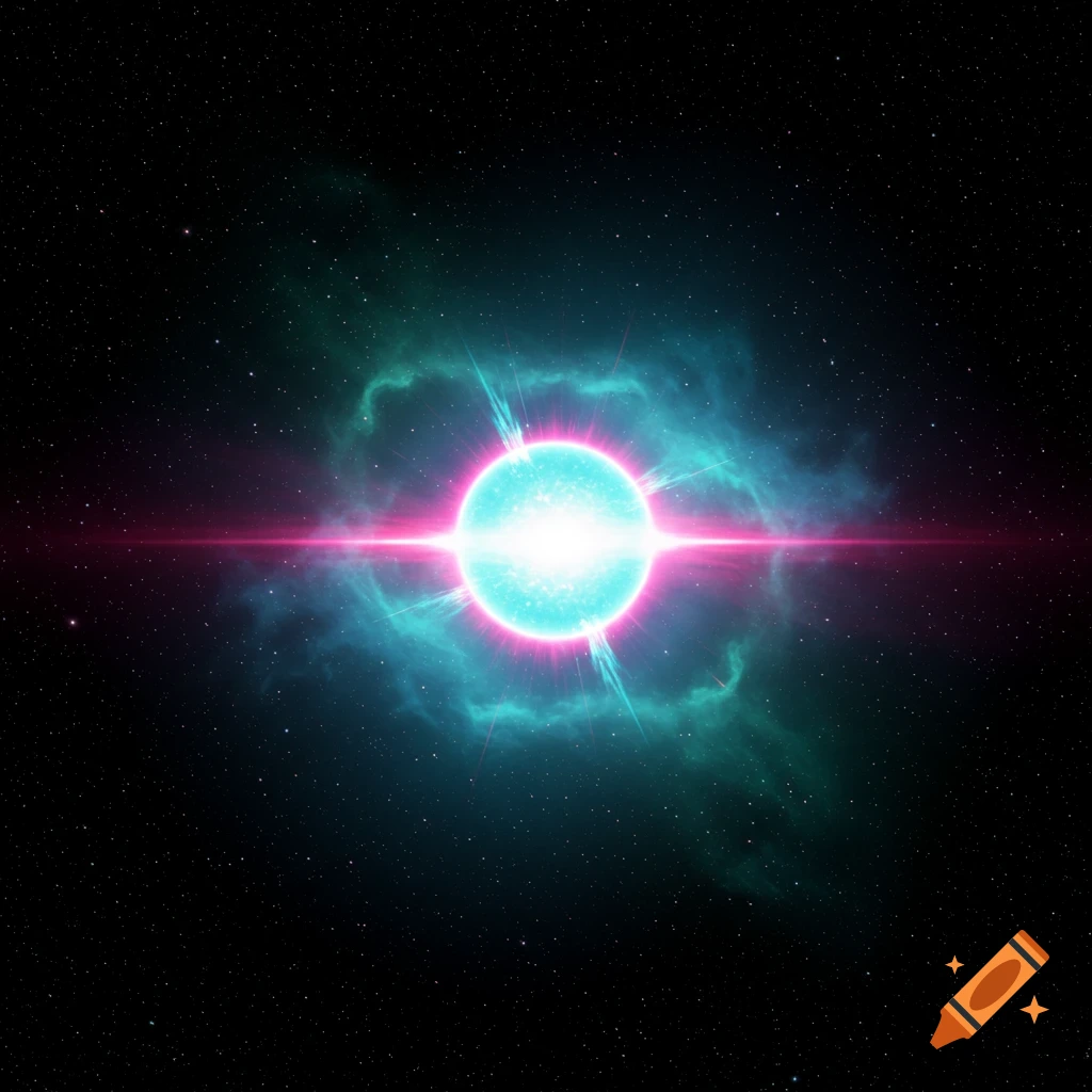 A bright, glowing light blue and pink star with a horizontal pink light beam, surrounded by a teal nebula in dark space.