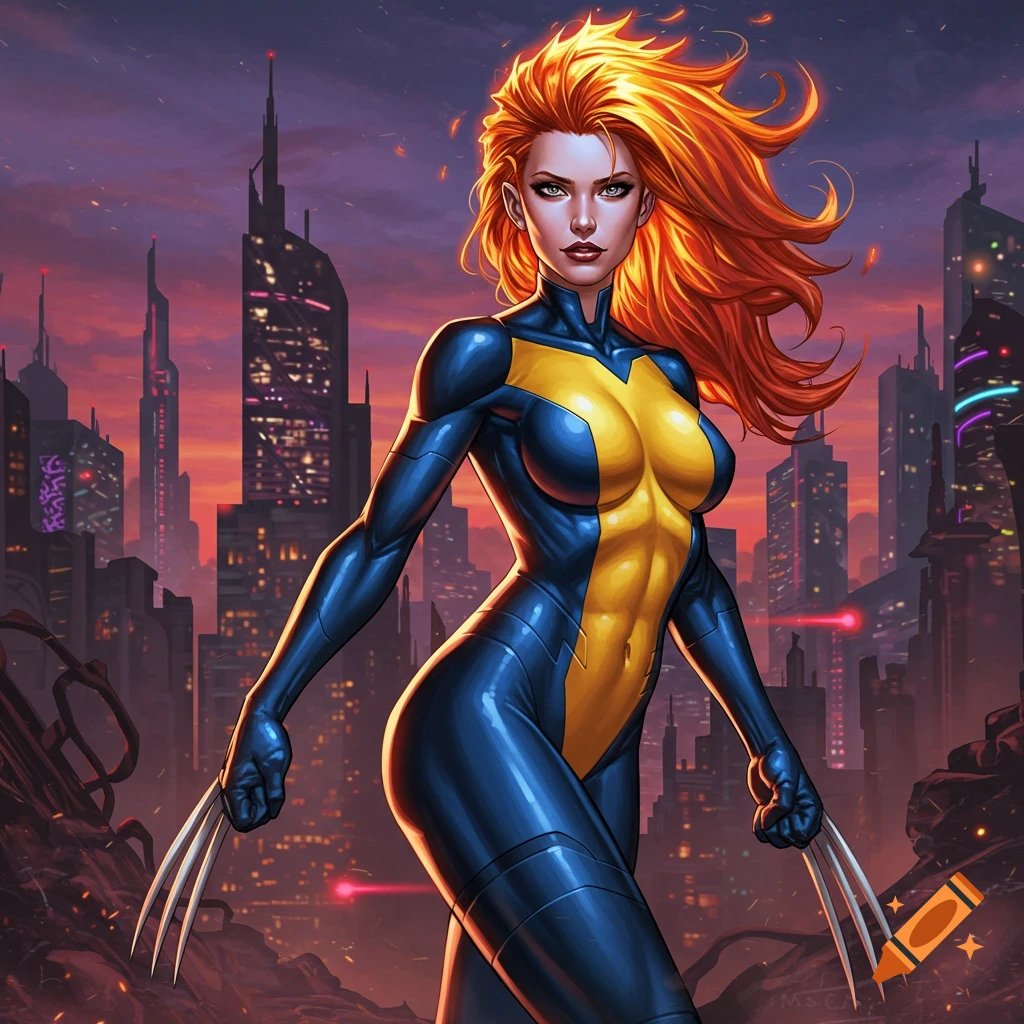 A female superhero with fiery red hair and claws, wearing a blue and yellow suit, stands in a stylized city at dusk.
