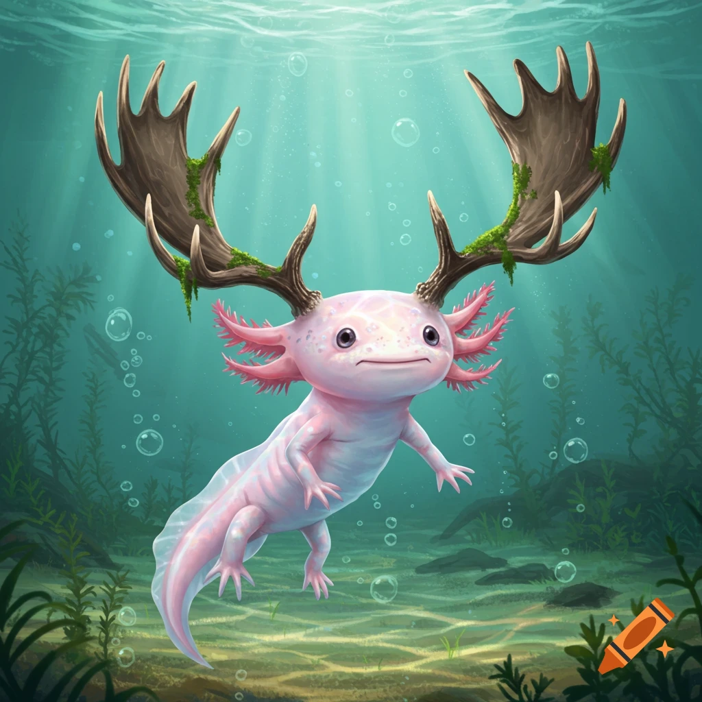A pink axolotl with large mossy moose antlers swims gracefully underwater amidst plants and bubbles, in an illustrative style.