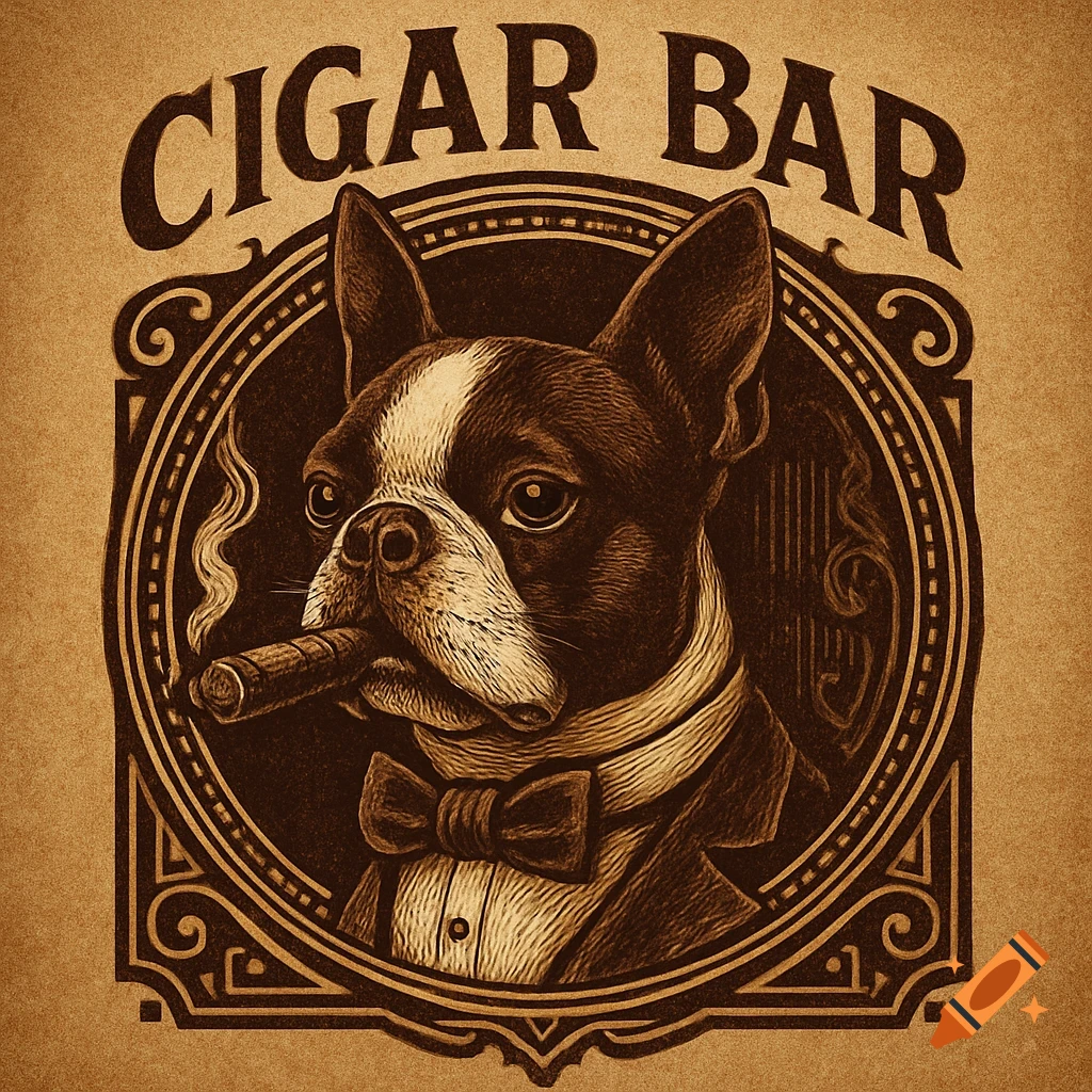 Vintage illustration logo of a Boston Terrier wearing a tuxedo, smoking a cigar, with 'CIGAR BAR' text above.