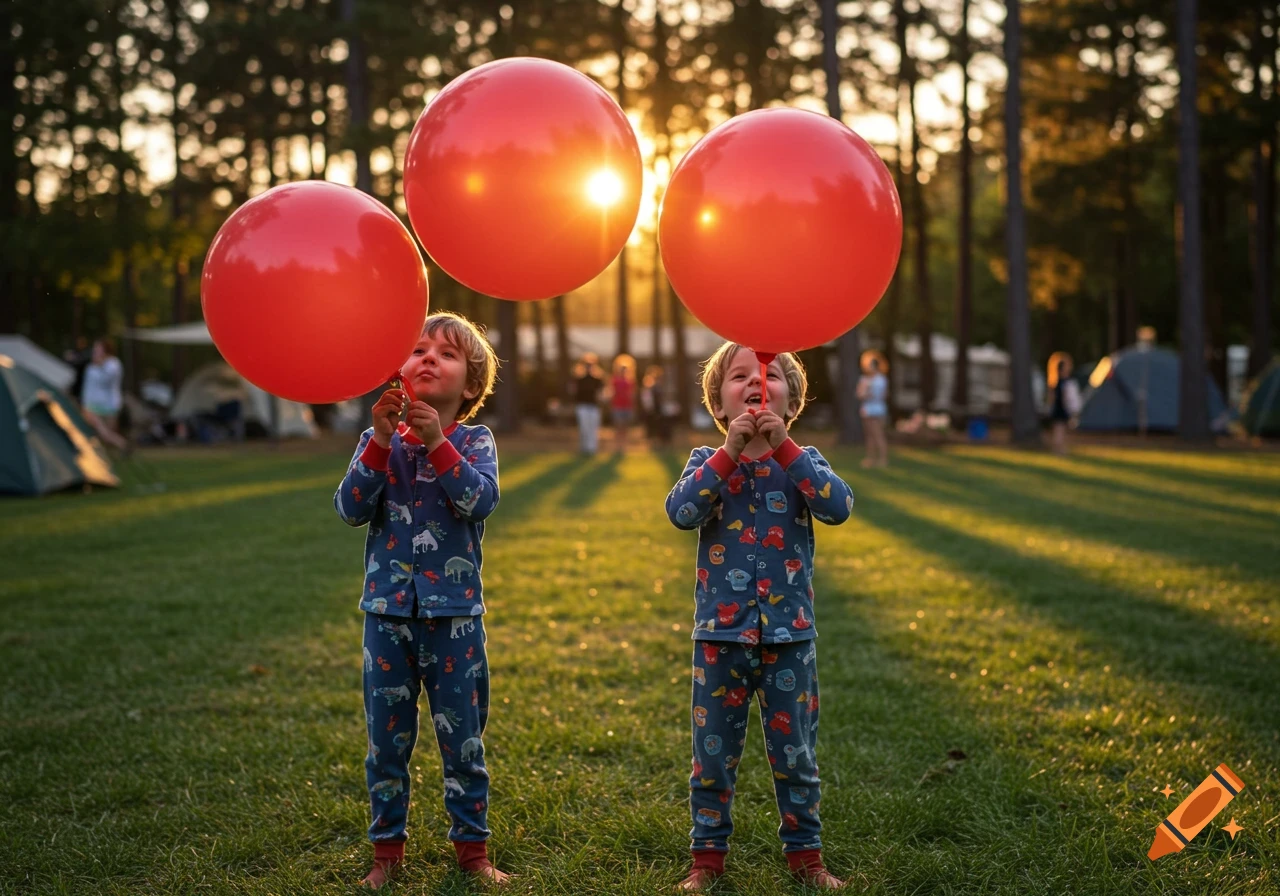 Two boys in patterned pajamas hold large red balloons at a summer camp, bathed in golden hour sunlight. Photorealistic style.