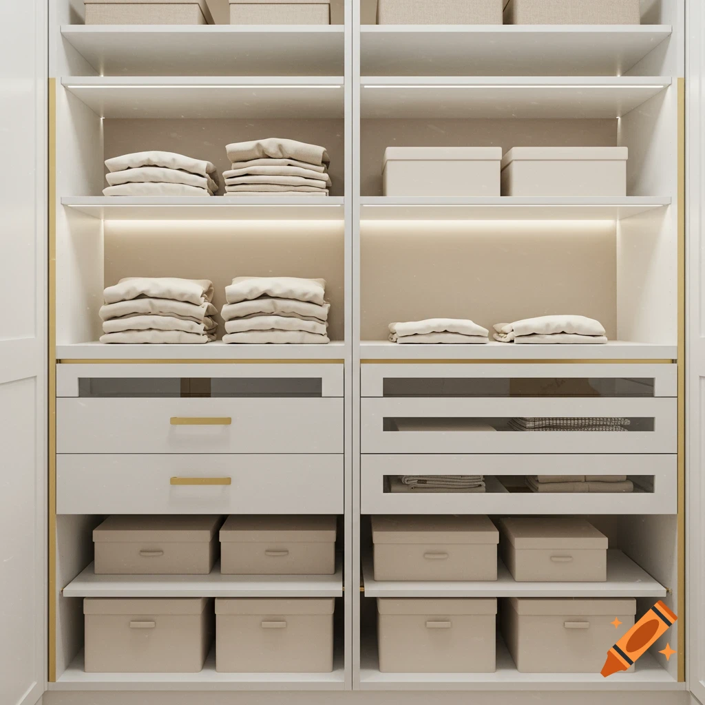 Tidy white wardrobe with gold details, shelves filled with neatly folded beige clothes and light brown storage boxes.