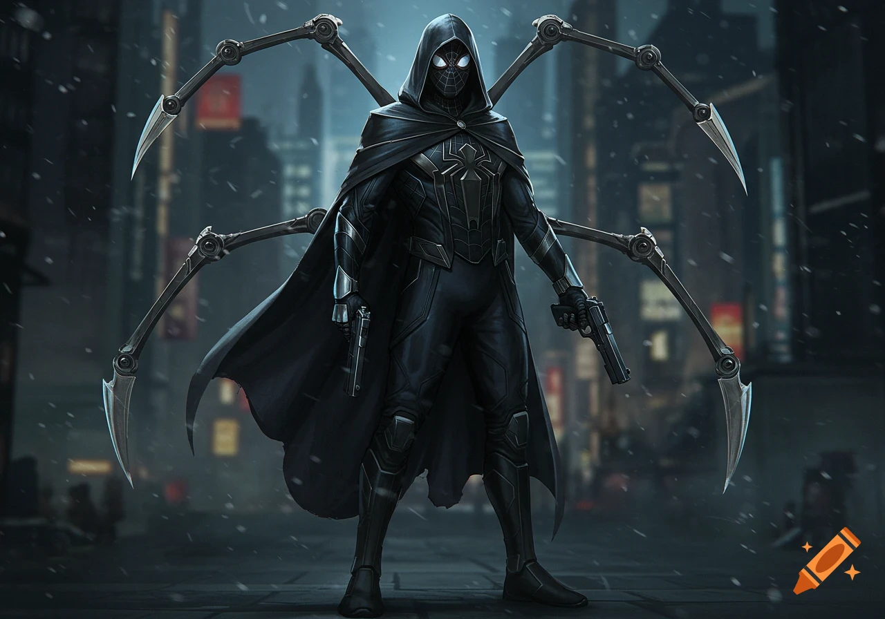 A dark, hooded Spider-Man-inspired character in a black suit with a cloak, metallic spider legs, and guns stands in a snowy city street.