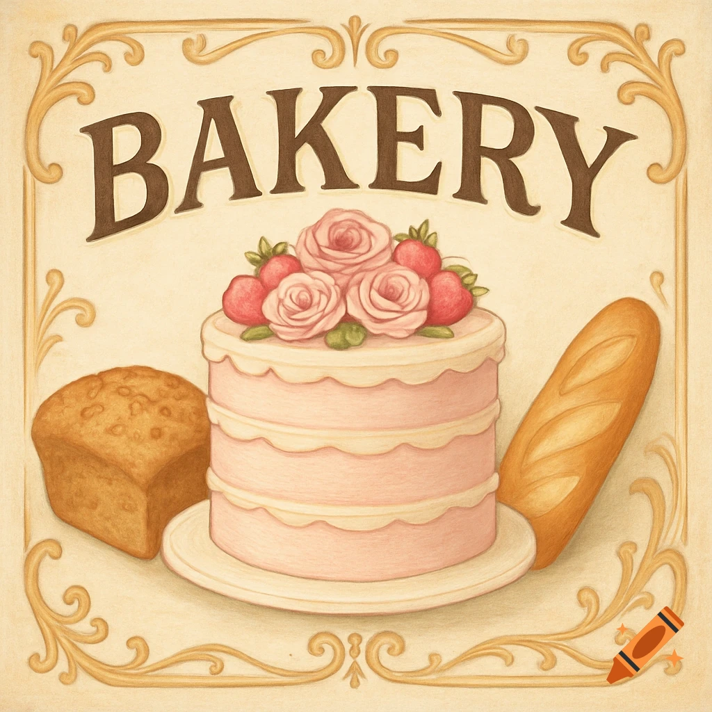 Vintage-style bakery sign with 'BAKERY' text above a pink cake, banana bread, and baguette, framed with golden flourishes.