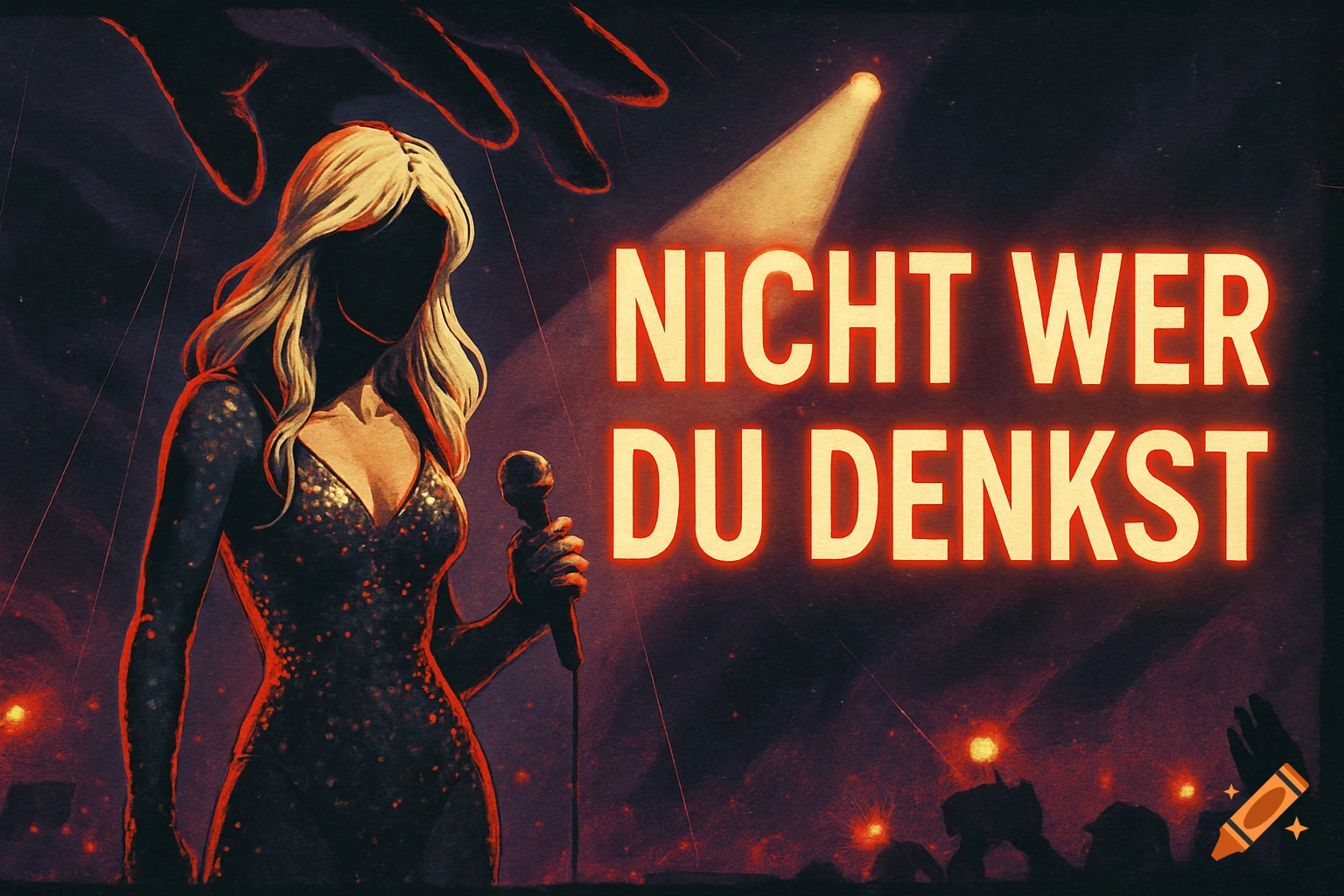 A stylized blonde singer in a sequined dress holds a mic on a dark stage, under a spotlight, with a puppet master's hand above and text 'NICHT WER DU DENKST'.