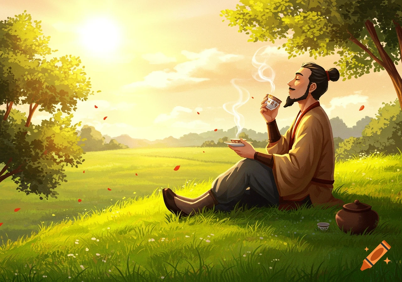 An illustration of a man with a topknot and beard sitting in a sunny green field, holding a steaming teacup.