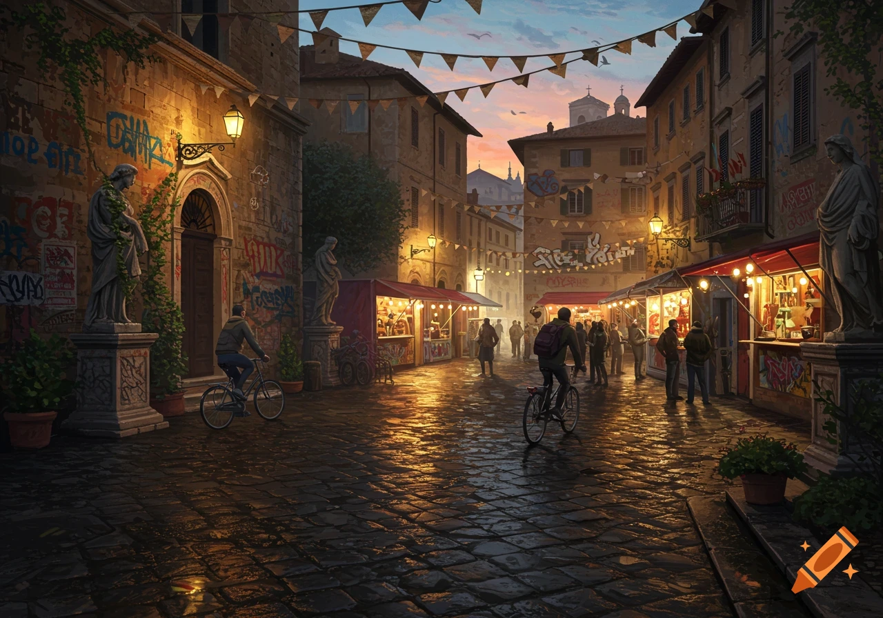 A vibrant Italian town square market at dusk, with glowing stalls, wet cobblestones, and people cycling and walking.