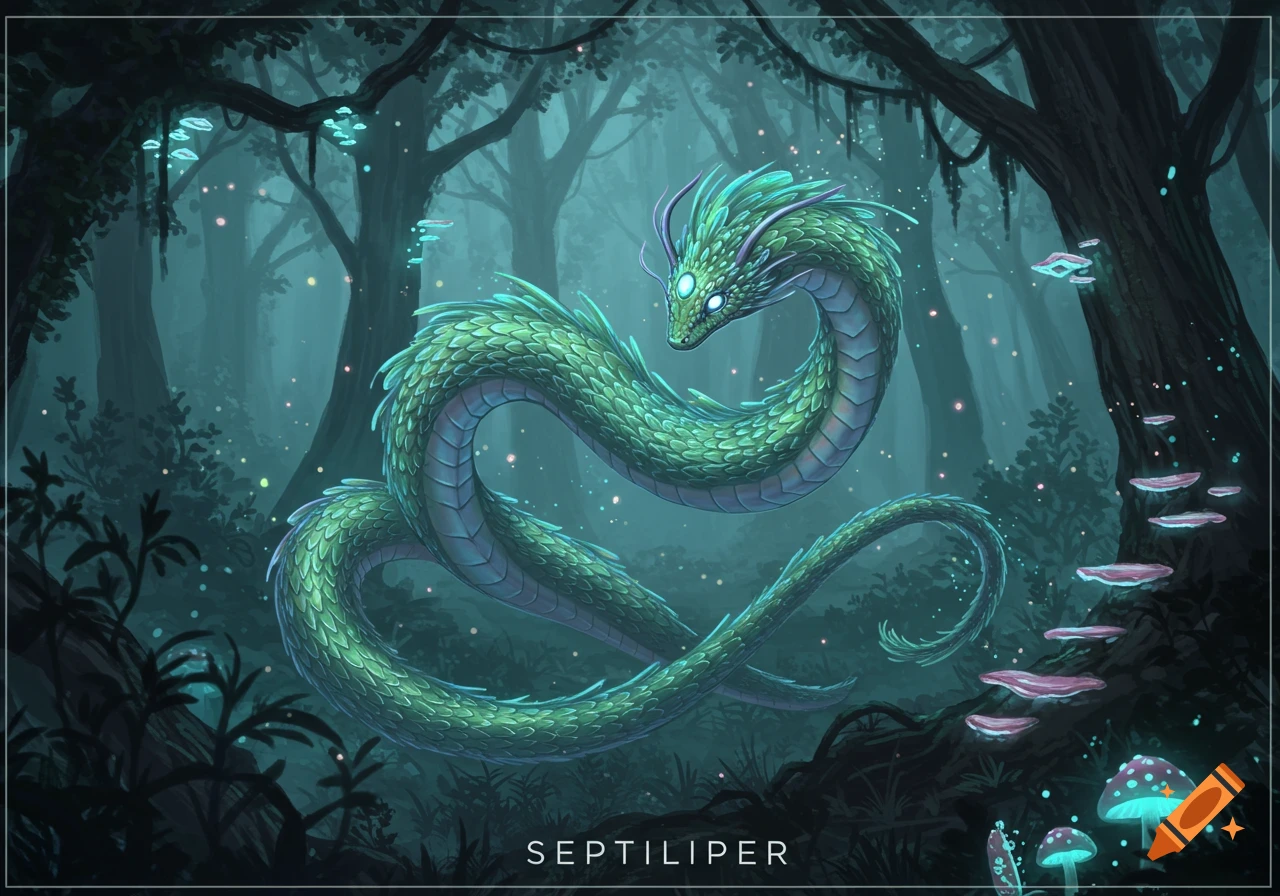 An illustrative fantasy art of a green dragon-like serpent with glowing eyes, floating in a mystical dark forest with bioluminescent mushrooms.