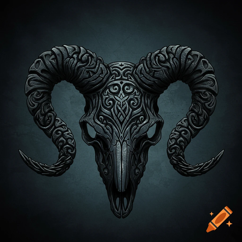 Ornate dark ram skull with intricate Celtic-style patterns on a dark background.