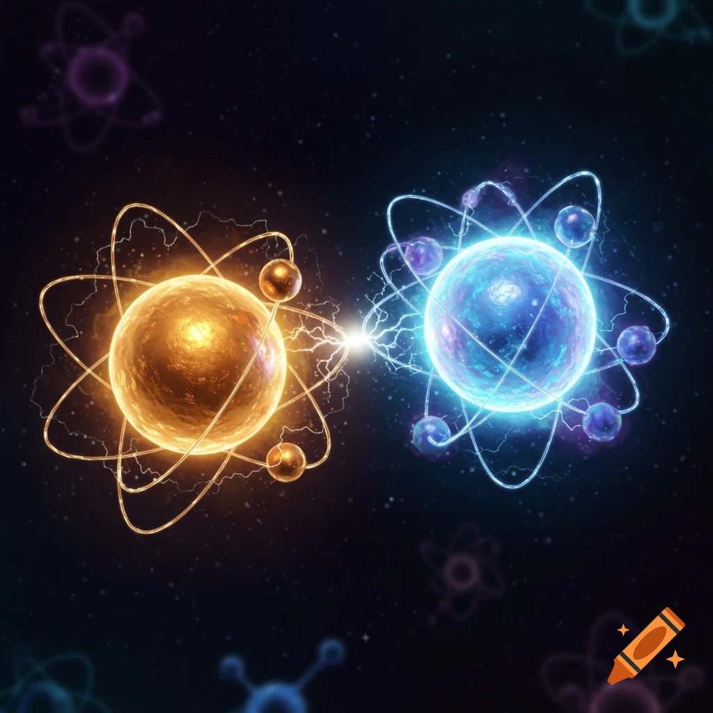 Two glowing atomic structures, one orange and one blue, connected by electrical discharge against a dark, starry background.