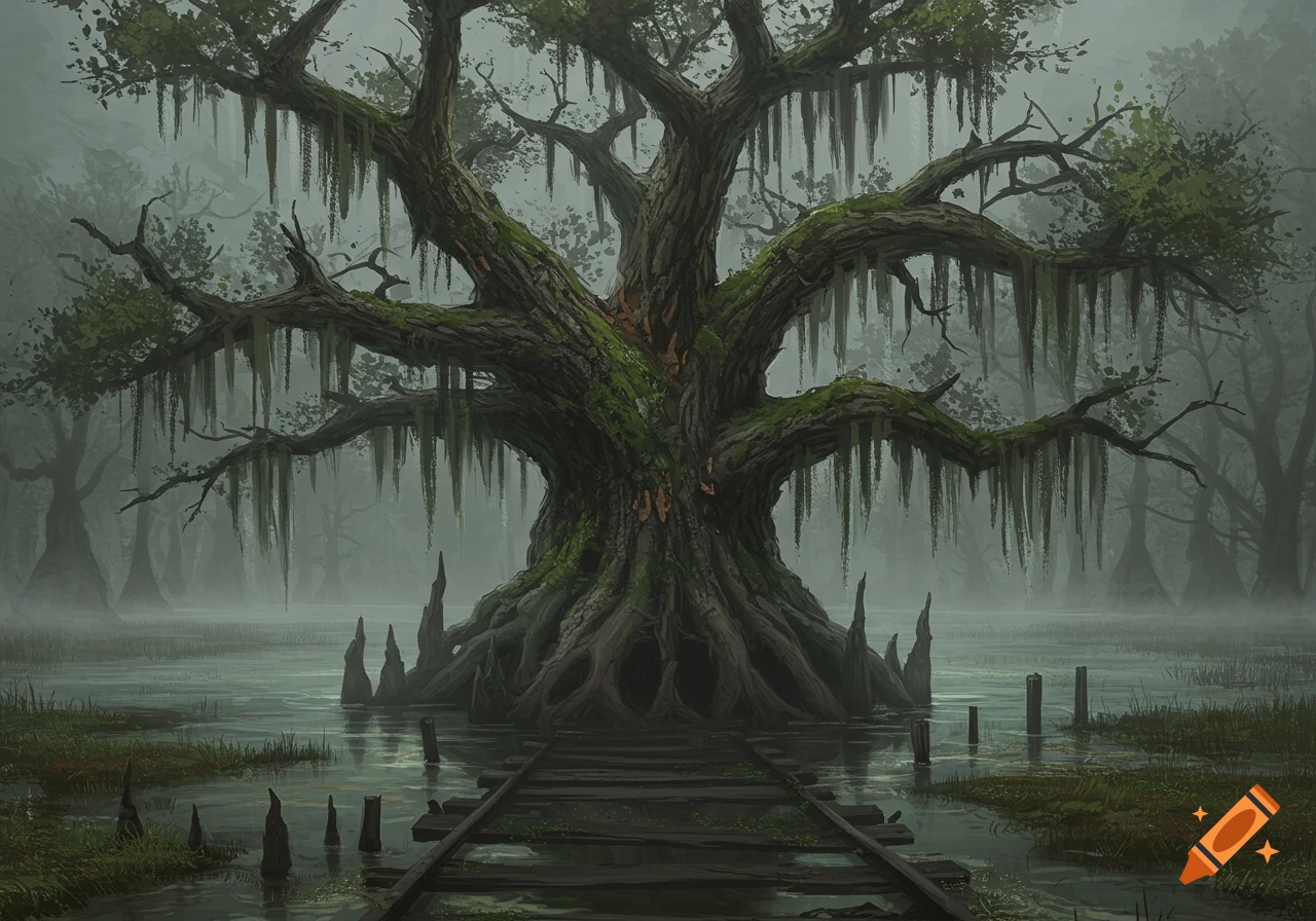A large, ancient moss-draped tree stands in a foggy, murky swamp with abandoned train tracks leading into the water.