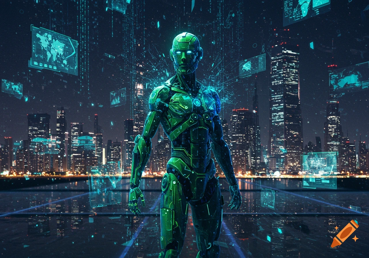 A glowing green and blue humanoid robot stands before a futuristic city skyline at night, surrounded by holographic data displays.
