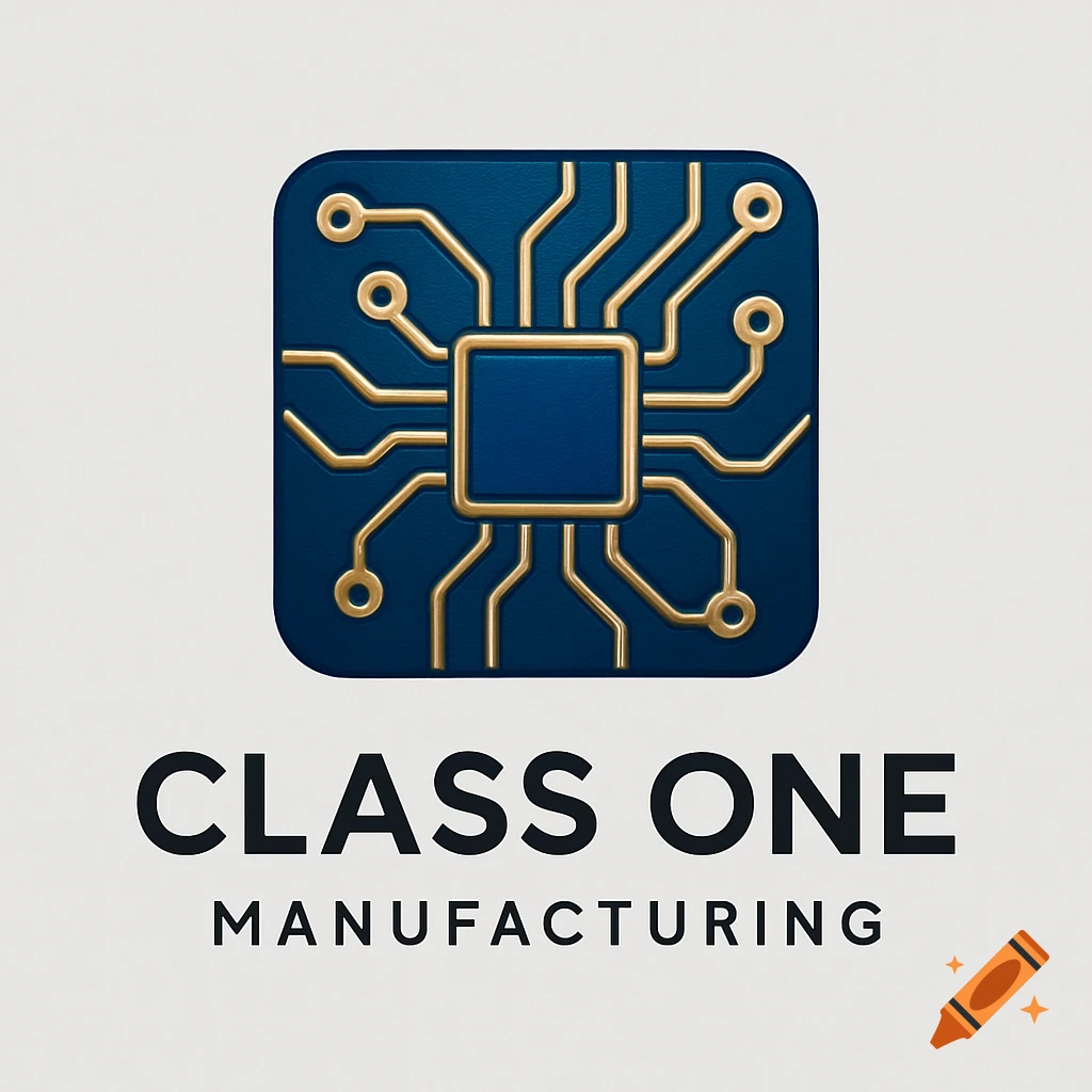 A logo for Class One Manufacturing, featuring a blue circuit board with gold interconnects above the company name.