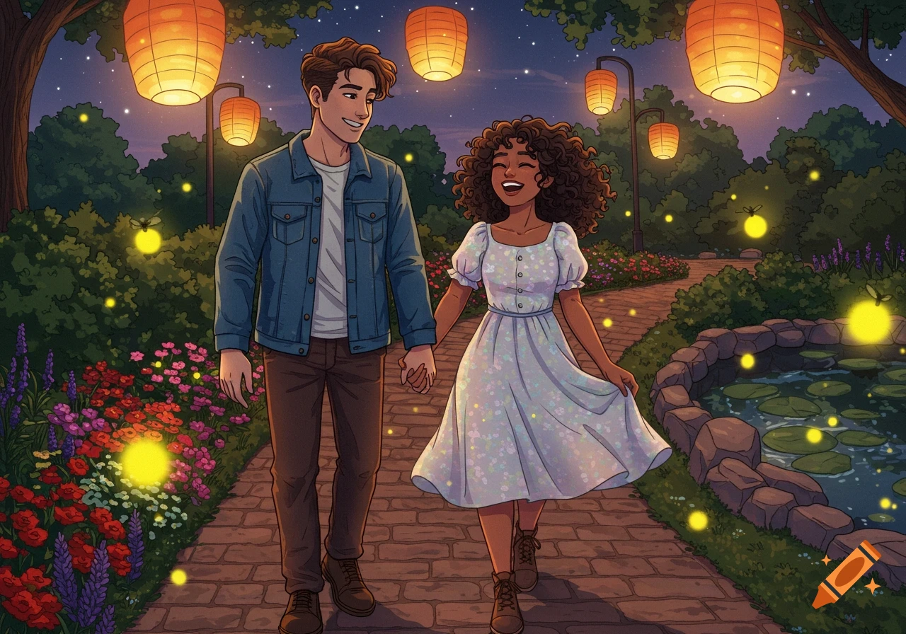 Cartoon illustration of a smiling couple holding hands, walking on a park path at night, lit by lanterns and fireflies.