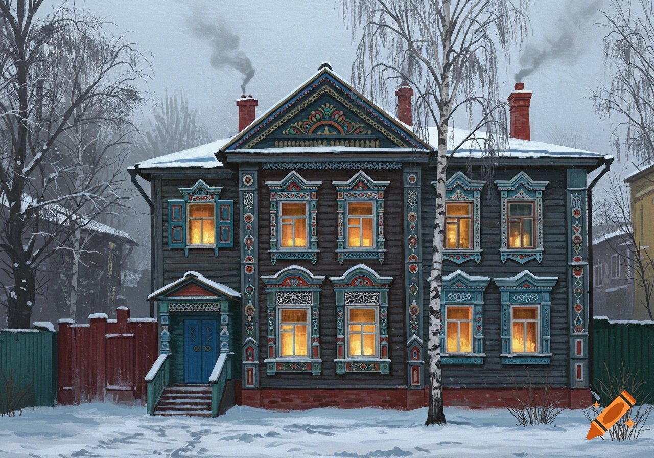 A detailed traditional Russian wooden house with ornate teal and red carvings, glowing windows, and snow on the roof and ground, under a grey winter sky with a birch tree.