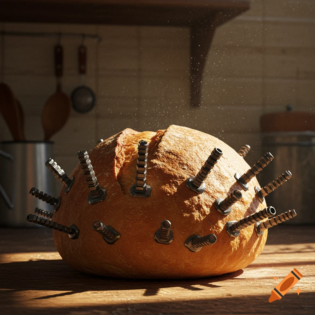 A photorealistic loaf of bread covered in picatinny mounting rails sits on a wooden counter in a kitchen.