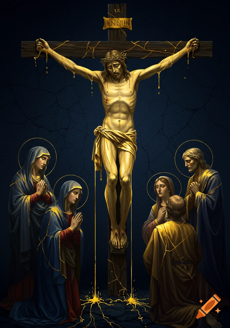 A crucifixion scene with Jesus Christ on a cross, golden liquid flowing from his wounds. Figures in dark robes with gold cracks pray below.