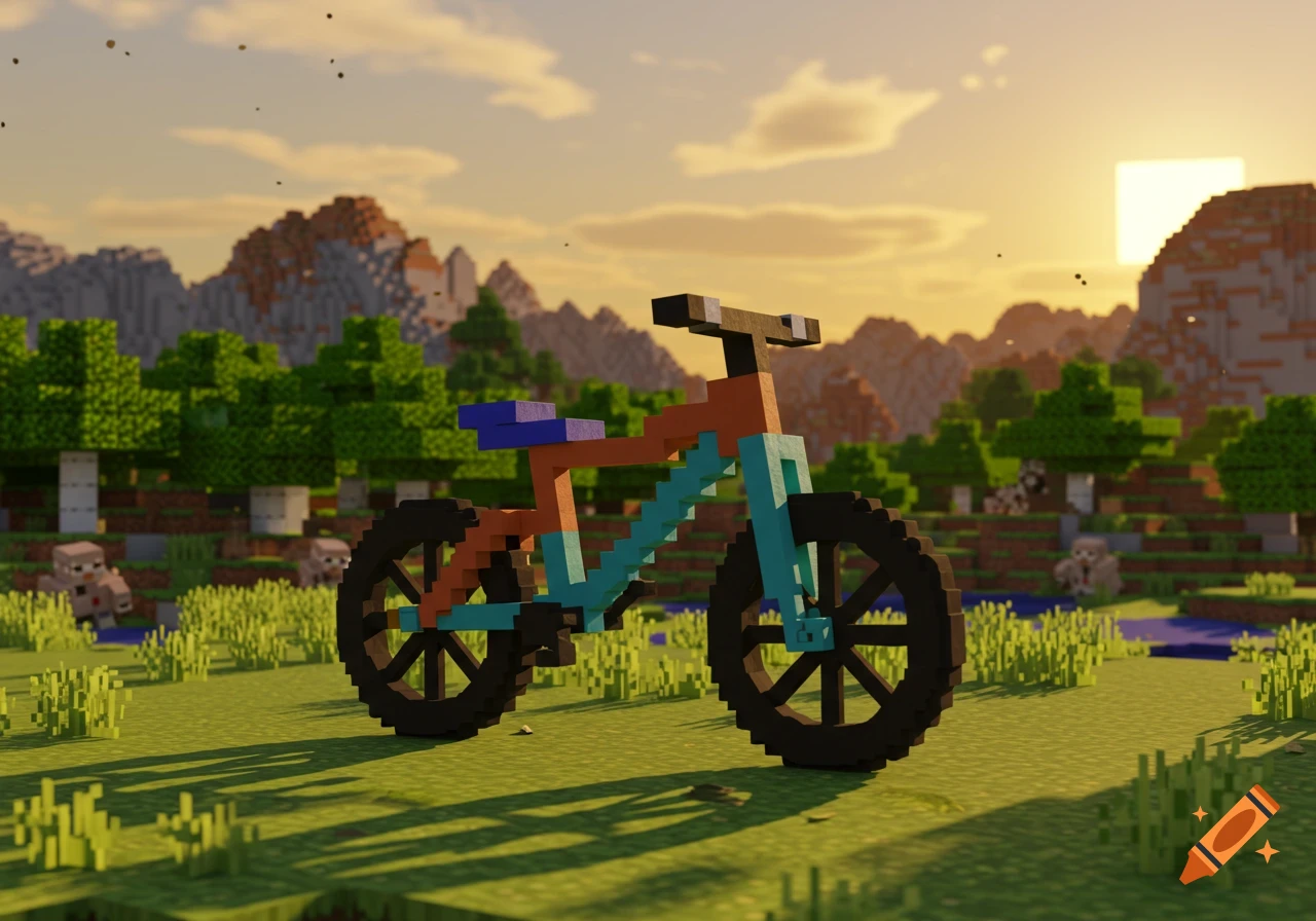 A blocky bicycle in a Minecraft-style landscape at sunset with pixelated trees and mountains.