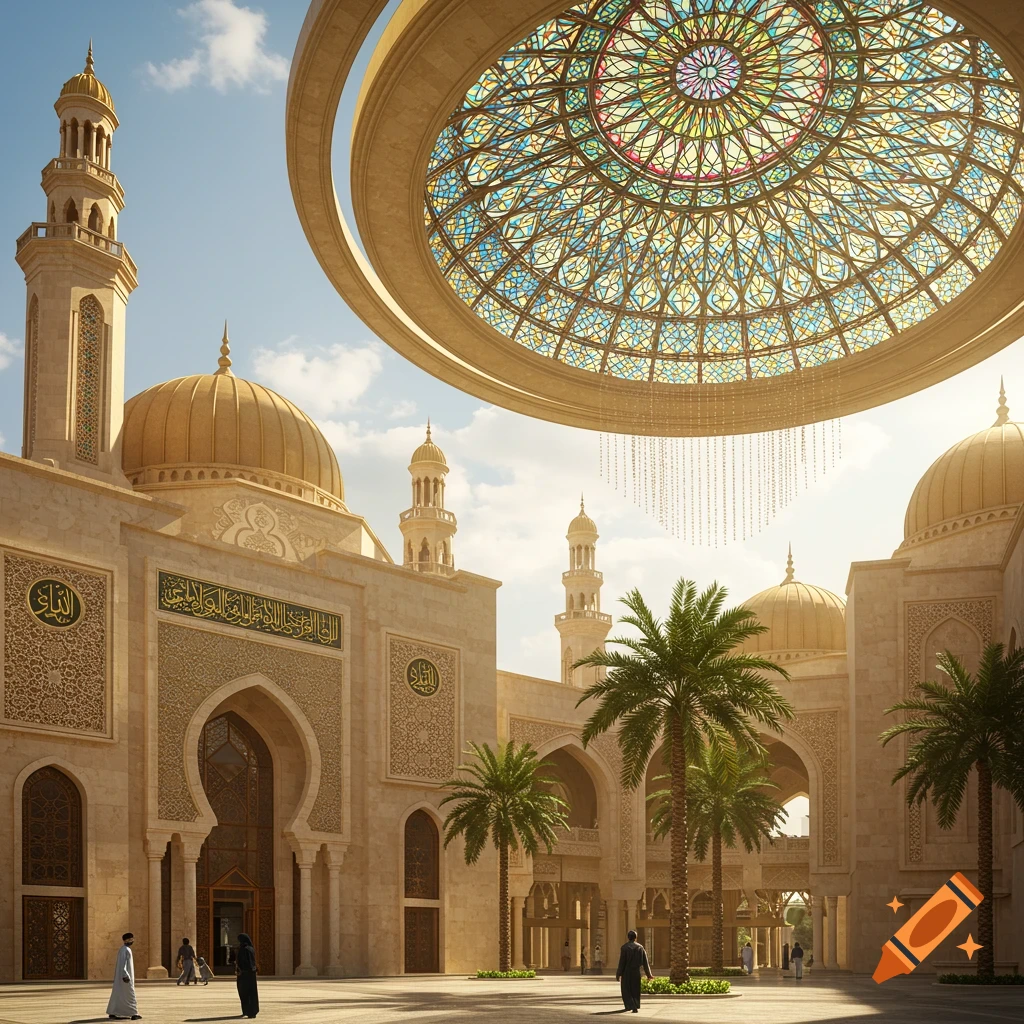 Photorealistic image of a grand mosque with golden domes, tall minarets, and a magnificent stained glass dome overhead. Palm trees dot the sunny courtyard where people gather.