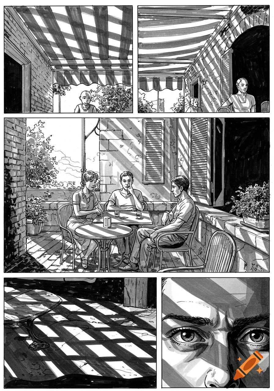 A black and white comic page shows people at an outdoor cafe with strong shadows, and a close-up of thoughtful eyes.
