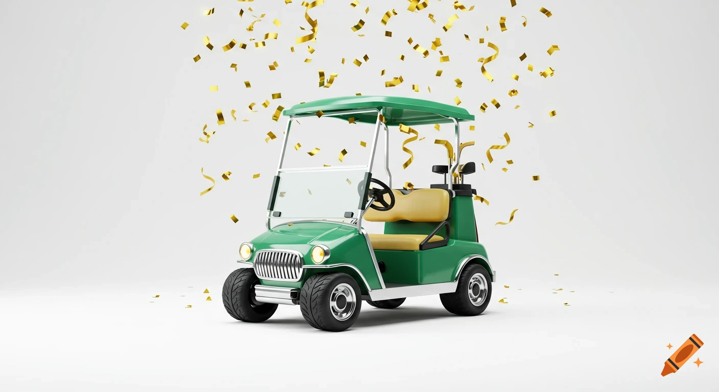 A green and yellow golf cart with golf clubs, under falling gold confetti, against a white background.